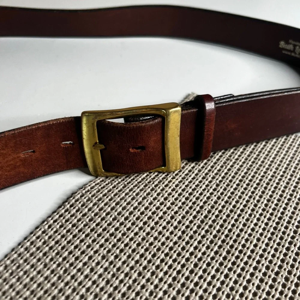 Bath Leather Goods Handmade England Dark Brown Leather Belt Brass Buckle 40